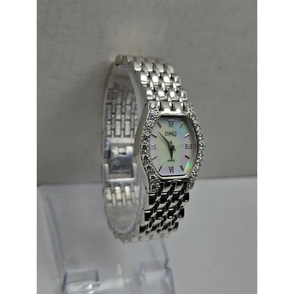 DMQ Diamonique Womens Silver Tone Mother Of Pearl Swiss Quartz Watch New Battery